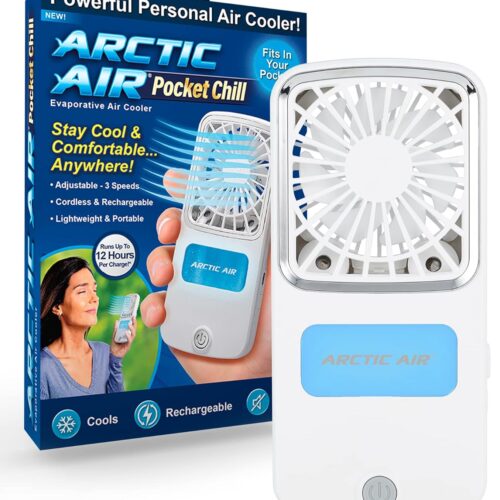 Arctic Air Portable Fan, Pocket Chill Handheld Mini Fan, Rechargeable Personal Air Cooler with Hydro-Chill Technology, 3 Speeds & Built-in-Kickstand, Cordless for Travel, Indoor or Outdoor Use