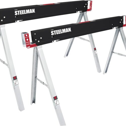 Steelman Work Table Folding Sawhorses, Set of Two, Durable Steel Construction, Folding Legs, 2×4 Table Support Arms, 2,200 lb. Combined Loading Capacity