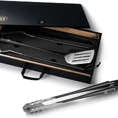 Schmidt Brothers – BBQ Carbon 6, 4-Piece Grilling Accessory Set, Full-Forged Stainless Steel Grilling Utensils Including Spatula, Fork, Basting Brush, and Tongs with All Wood Handles
