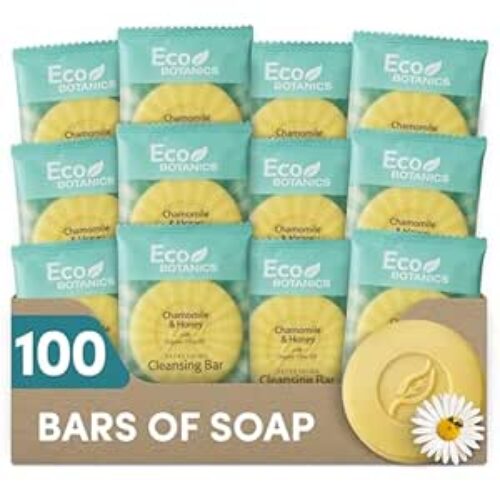 Eco Botanics Travel-Size Cleansing Bars | Individually Wrapped Single‑Use Hospitality & Hotel Amenities 0.5 oz | Case of 100 Thin Mini Soap Bars