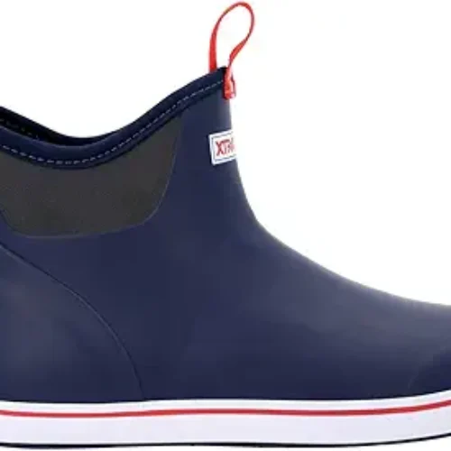 Xtratuf Men’s Fishing Rain Watertight Anglers Rubber Chevron Pull Tabs Ankle Deck Boots, Navy & Red, 10