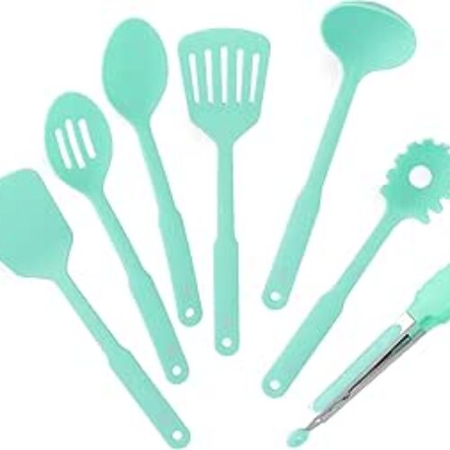 GreenLife Cooking Tools and Utensils, 7 Piece Nylon Set including Spatulas Turner Spoons and Tongs, Dishwasher Safe, Turquoise