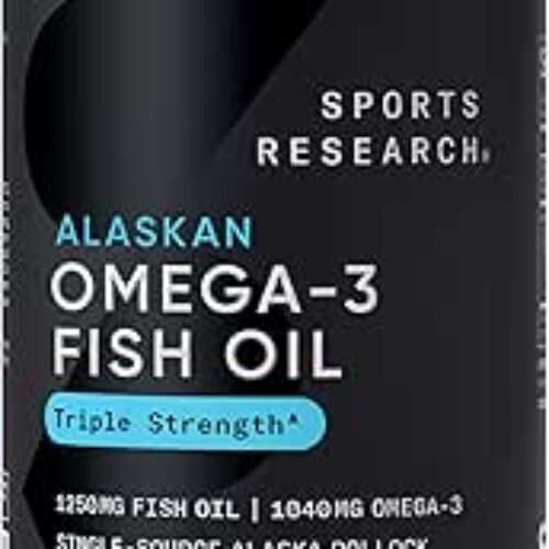 Sports Research Triple Strength Omega 3 Fish Oil – Burpless Fish Oil Supplement w/EPA & DHA Fatty Acids from Single-Source Wild Alaskan Pollock – 1250 mg, 90 ct