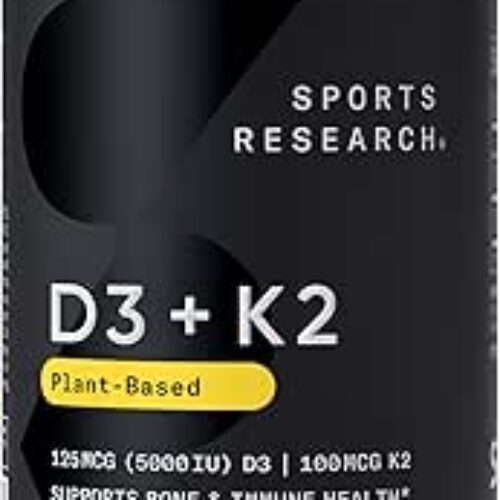 Sports Research® Vitamin D3 + K2 w/ Coconut Oil – Vegan Vitamin D 5000iu & Mk7 Vitamin K 100mcg for Bone & Immune Support – Vegan Certified · Non-GMO · Soy Free – 60 Softgels