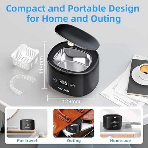 VIVIZEN Ultrasonic Retainer Cleaner Machine Sonic Dental Cleaning Machine for Dentures, Aligners, Braces, Mouth Guards, Jewelry, Portable 30W/45kHz (Black)