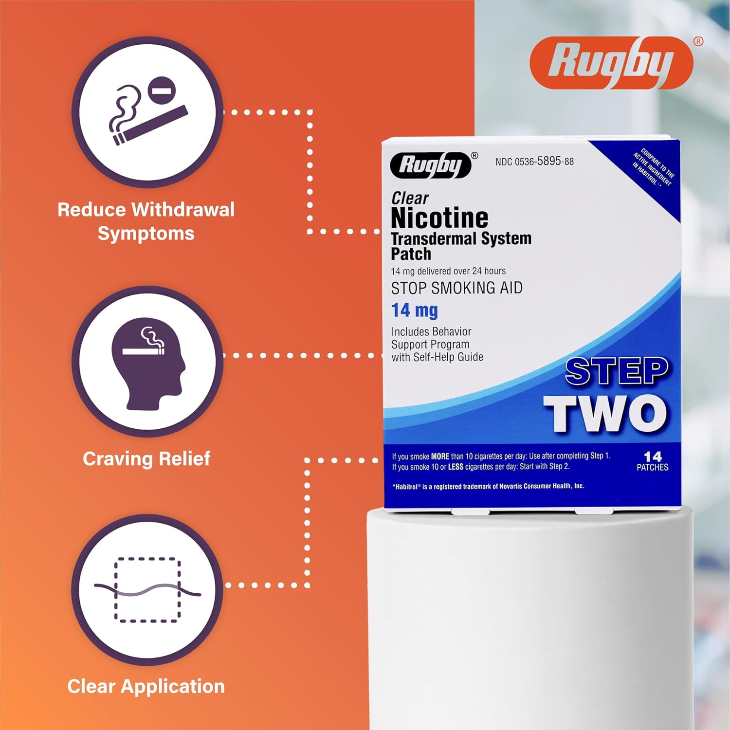 Rugby Clear Nicotine Patches - 14mg Transdermal System Patch - Smoking or Vaping Quitting Aid - Step 2 - 14 Count (1-Pack) - Image 3