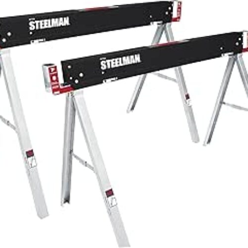 Steelman Work Table Folding Sawhorses, Set of Two, Durable Steel Construction, Folding Legs, 2×4 Table Support Arms, 2,200 lb. Combined Loading Capacity