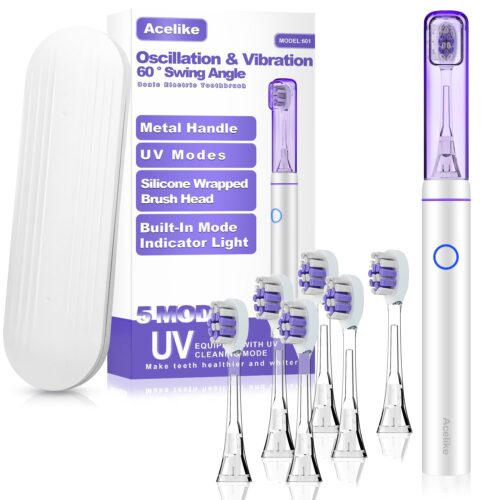 Metal Electric Toothbrush with UV Mode, Vibration and Oscillation Electric Toothbrush for Adults, 6 Brush Heads & Travel Case & Dust Cover, 5 Modes & Built in Timer, One Charge Last 120 Day（Sliver）