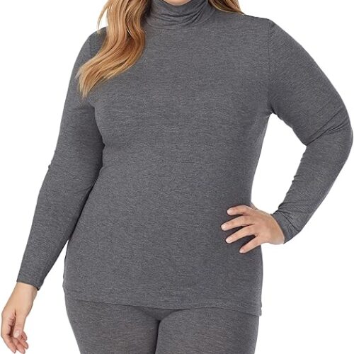 Cuddl Duds Women’s Softwear with Stretch Long Sleeve Turtle Neck Top – Ideal for Layering & Lounging, Smooth & Body-Hugging Fit, Charcoal Grey, Large