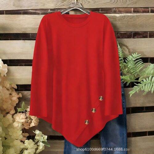 Plus Size Women’s Round Neck Long Sleeve Top With Asymmetric Hem & Button Detail, Solid Color Casual Pullover For Spring Autumn