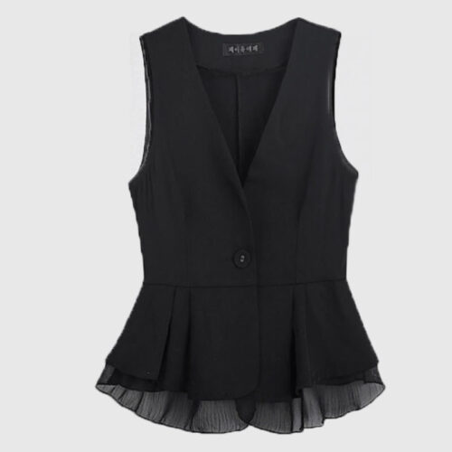 Women’s Elegant Sleeveless V-Neck Vest Blazer With Ruffled Lace Hem, Solid Color Versatile Spring Jacket