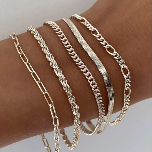 5pcs Silver Bracelets For Women, 14K Silver Plated Dainty Bracelets Set For Women Trendy Adjustable Stackable Bracelets